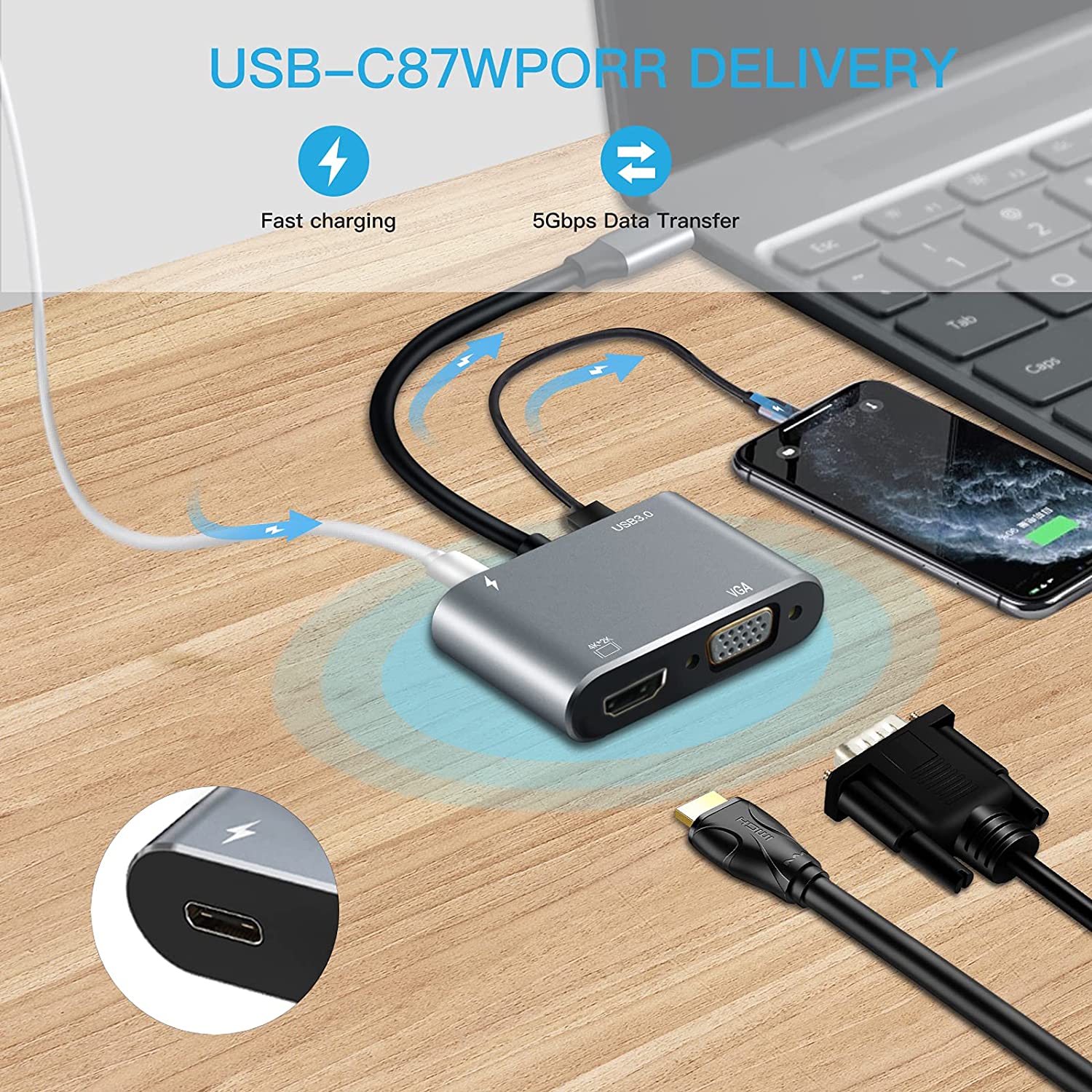 4 in 1 Type C to HDMI VGA USB3.0 Type C PD 06