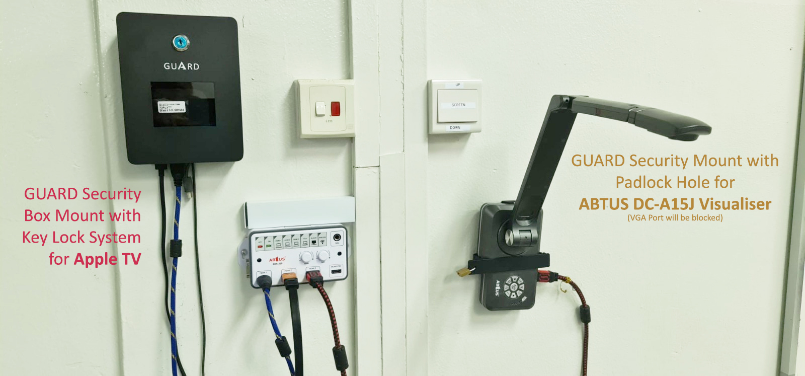 GUARD Security Box with Key Lock System for Apple TV and Visualiser Mount with Padlock Hole at Yishun Town Sec Sch