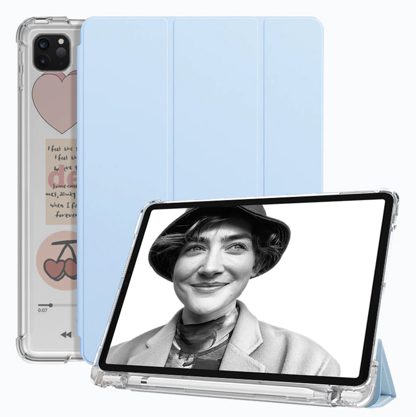 Tri Fold PU Leather Cover with Soft TPU Translucent Clear Case and Pencil Holder 01