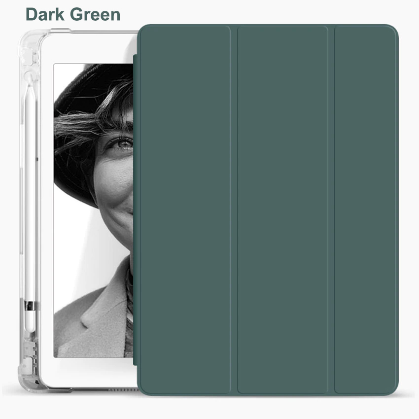 Tri Fold PU Leather Cover with Soft TPU Translucent Clear Case and Pencil Holder 13