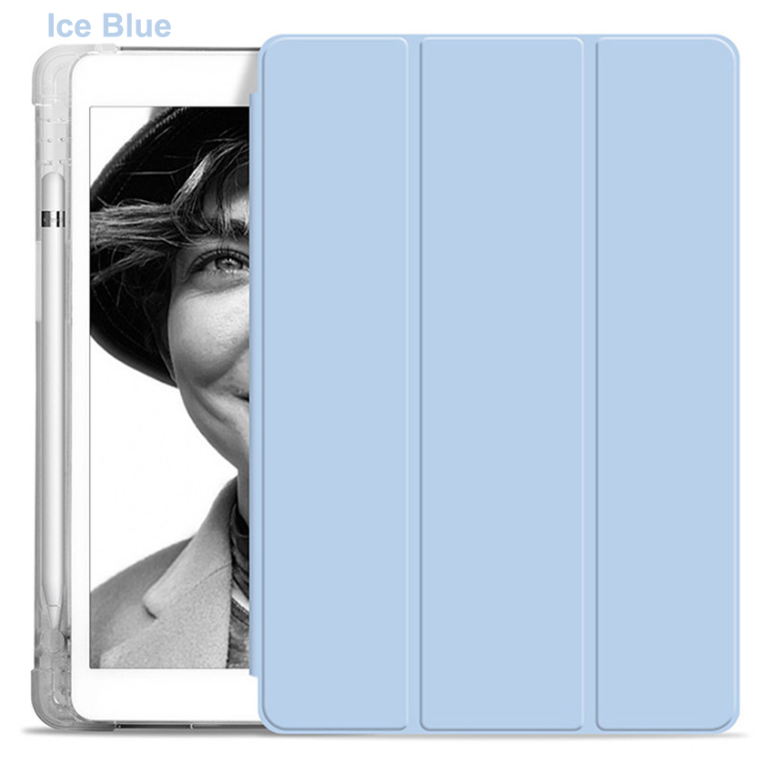 Tri Fold PU Leather Cover with Soft TPU Translucent Clear Case and Pencil Holder 16